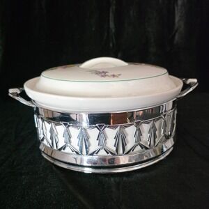 Royal Rochester Royalite Fraunfelter Casserole w Art Deco Chrome Carrier Stand